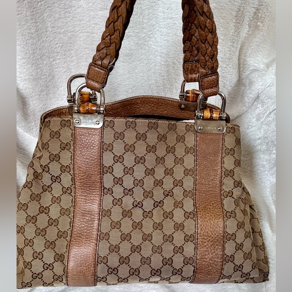 Gucci Handbags - Auth GUCCI Bamboo GG Canvas Tote Bag Beige Brown Leather 232947 Used